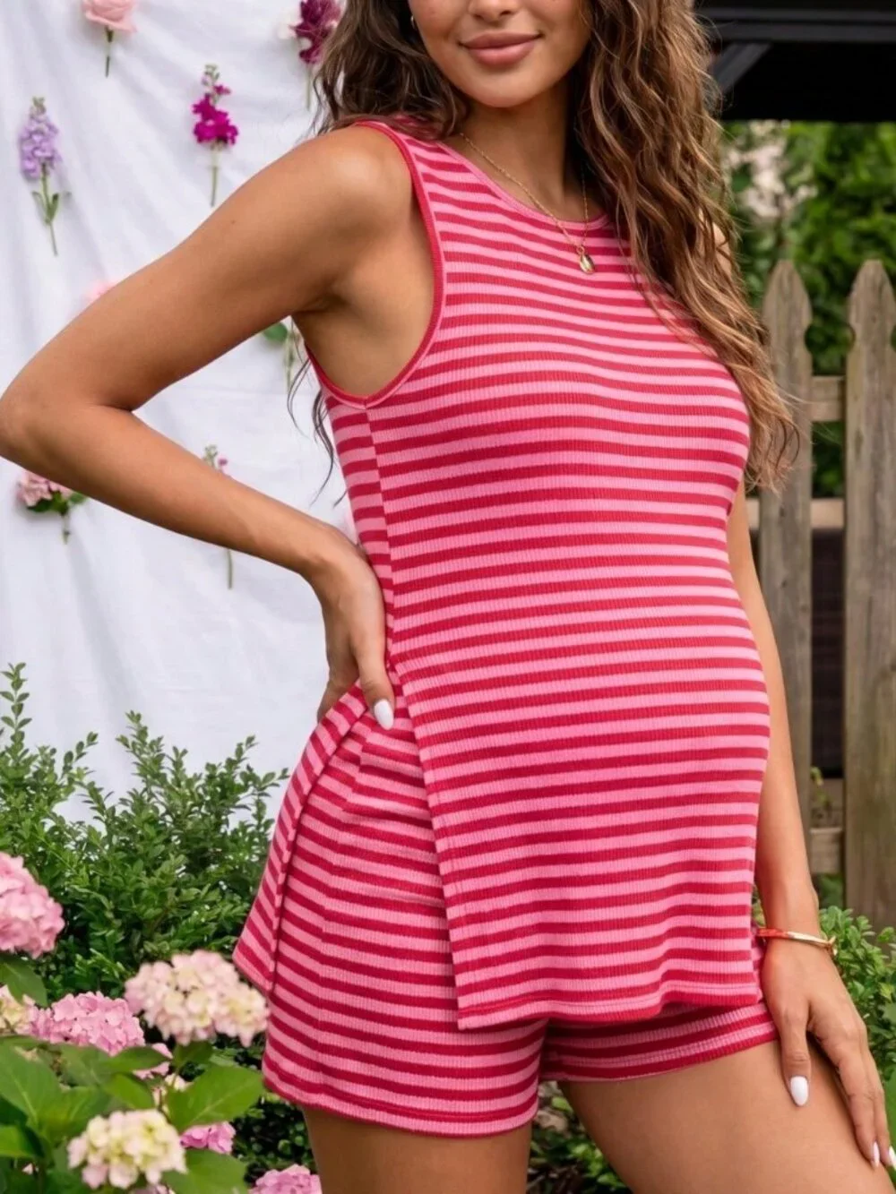 Casual Striped maternity Women's Round Neck Tank Top & Adjustable Shorts Set_3